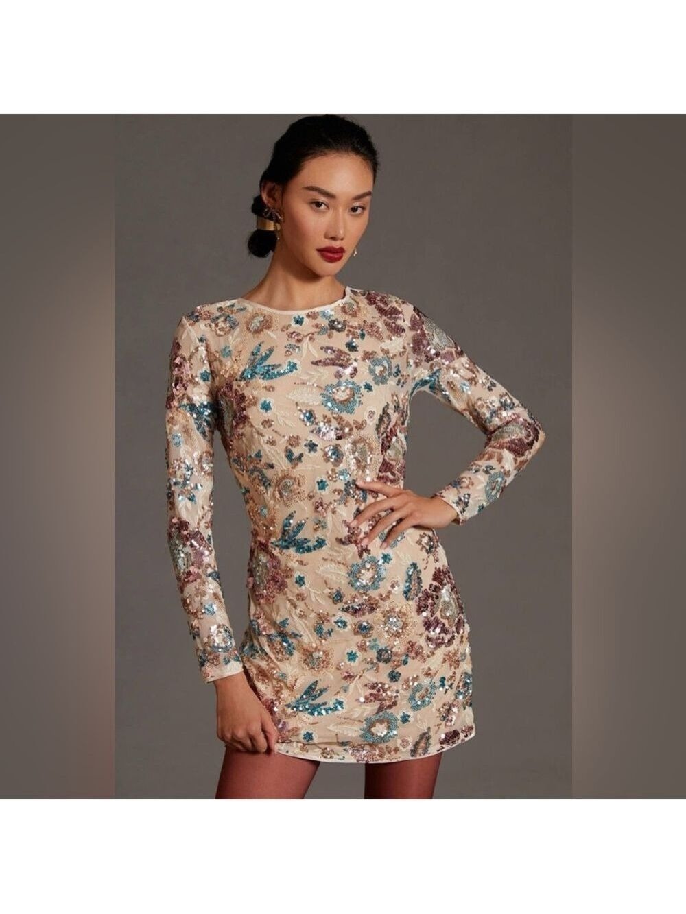 NWT Anthropologie Floral Sparkle Sequin Mini Dress Cream Turquoise Pink 12